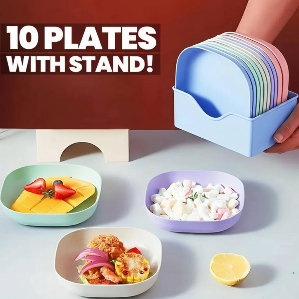 Square Plastic Dinner Plates | Set of 10 Pcs with Stand Kitchen Tools | Multi Color