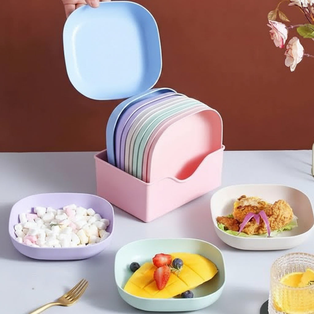 Square Plastic Dinner Plates | Set of 10 Pcs with Stand Kitchen Tools | Multi Color