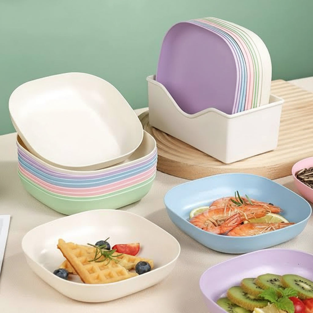 Square Plastic Dinner Plates | Set of 10 Pcs with Stand Kitchen Tools | Multi Color