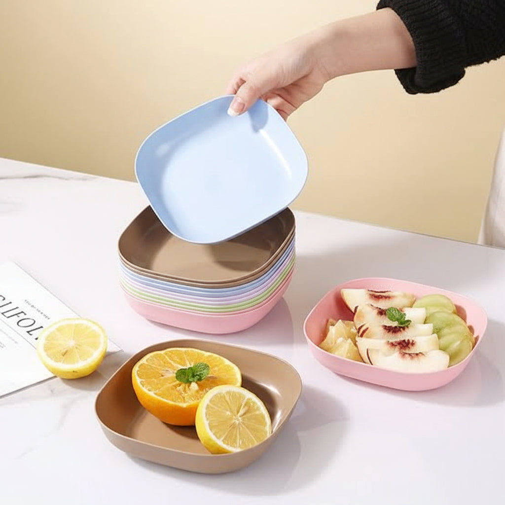 Square Plastic Dinner Plates | Set of 10 Pcs with Stand Kitchen Tools | Multi Color