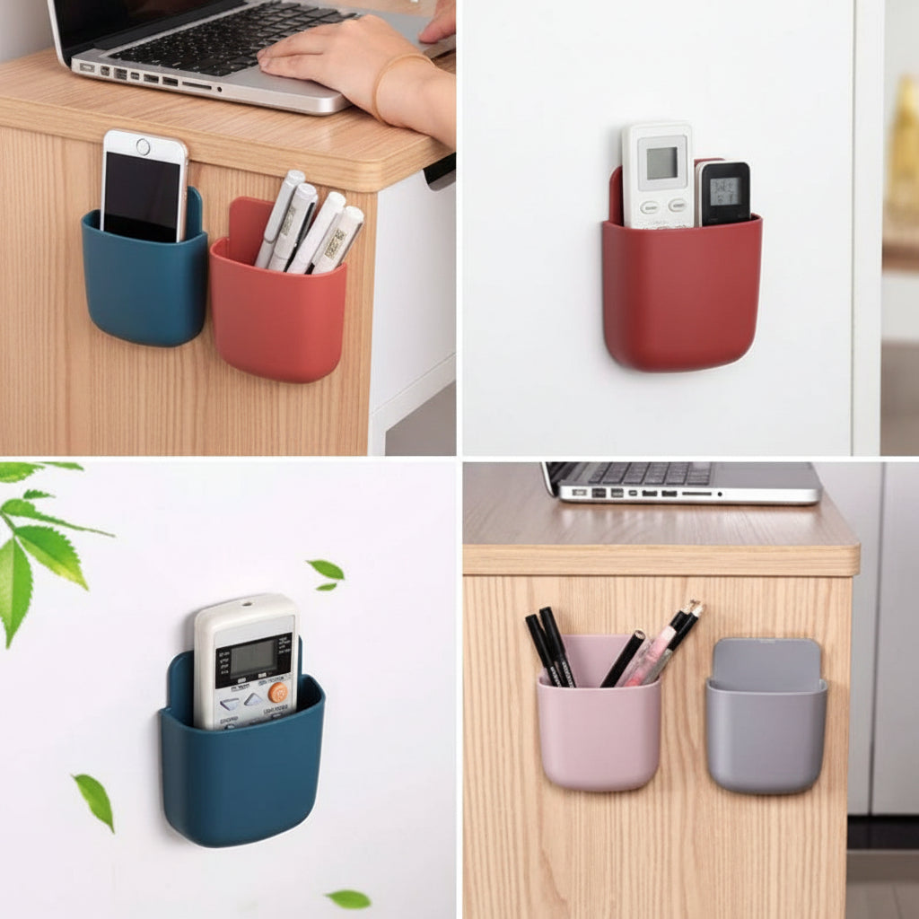 Wall Mounted Mobile Phone Charging Holder Set of 5 | Multi-Purpose Socket Organizer, Remote & Brush Holder | Plastic | Multiple Colors