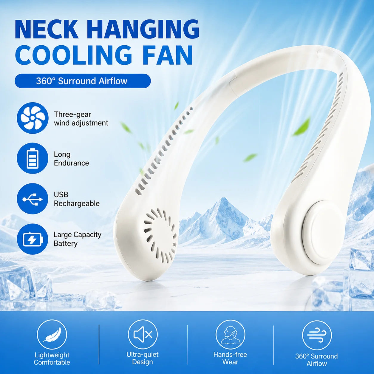 Bladeless Hanging Neck Fan – Portable 3-Speed Cooling
