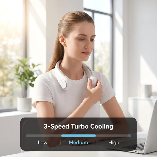 Bladeless Hanging Neck Fan – Portable 3-Speed Cooling