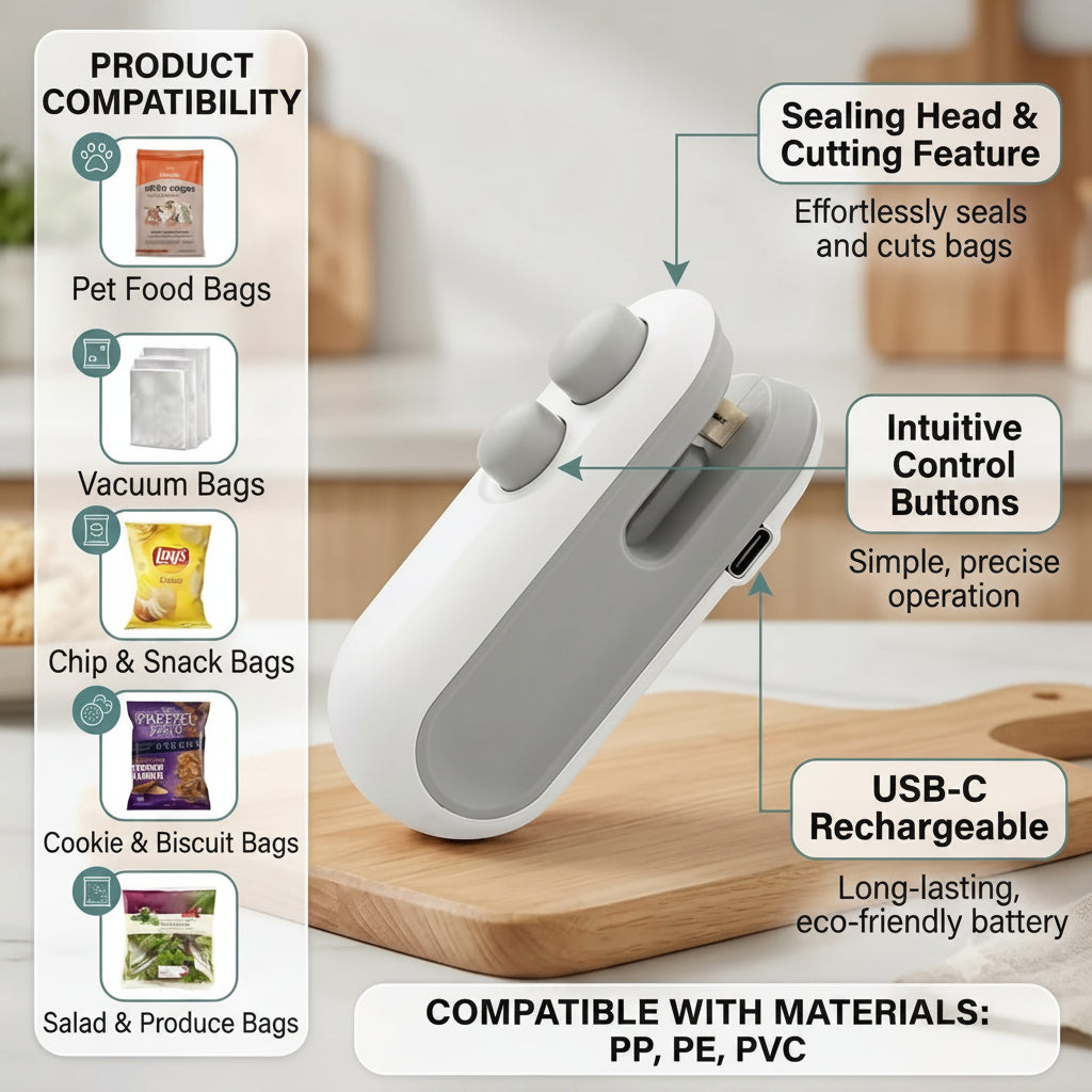 Rechargeable 2-in-1 Mini Bag Sealer & Cutter | Portable Heat Sealer for Food Storage