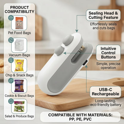 Rechargeable 2-in-1 Mini Bag Sealer & Cutter | Portable Heat Sealer for Food Storage